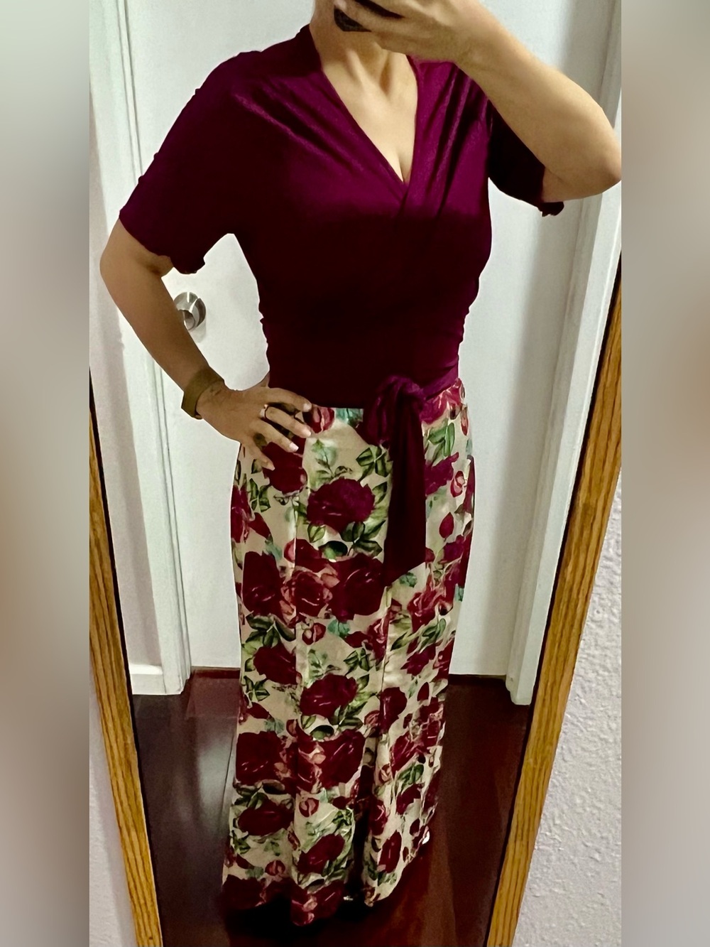 Sale (3 for $50)-Burgundy Wrap Top with Floral Maxi Skirt
